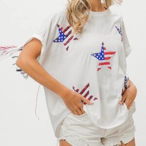 BiBi American Flag Sequin Star Fringe Top